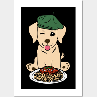 Dog eating Spaghetti - Golden Retriever Posters and Art